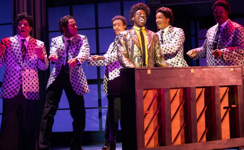 Rodrick Covington as Little Richard, and the quintets (l-r) Matthew S. Morgan, Jamonté, Lawrence Dandridge, AJ Davis, Eric B Turner. Photo credit © Joan Marcus (2023)