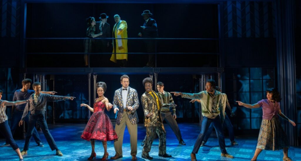 (l-r) – Valisa LeKae as LaVern Baker, Constantine Maroulis as Alan Freed, Rodrick Covington as Little Richard, and the cast of Rock & Roll Man. Photo credit © Joan Marcus (2023)