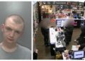 Joshua Preece (left) and CCTV image captured during the theft at The Perfume Shop in Queensgate shopping centre, Peterborough.
