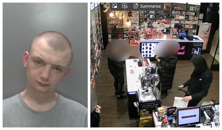 Joshua Preece (left) and CCTV image captured during the theft at The Perfume Shop in Queensgate shopping centre, Peterborough.