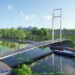 The concept design for Cygnet Bridge, Peterborough illustrating the pedestrian and cycle-friendly structure with landscaped areas along the riverfront.
