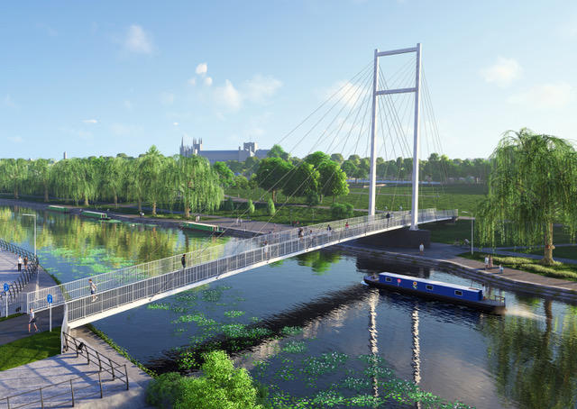 The concept design for Cygnet Bridge, Peterborough illustrating the pedestrian and cycle-friendly structure with landscaped areas along the riverfront.