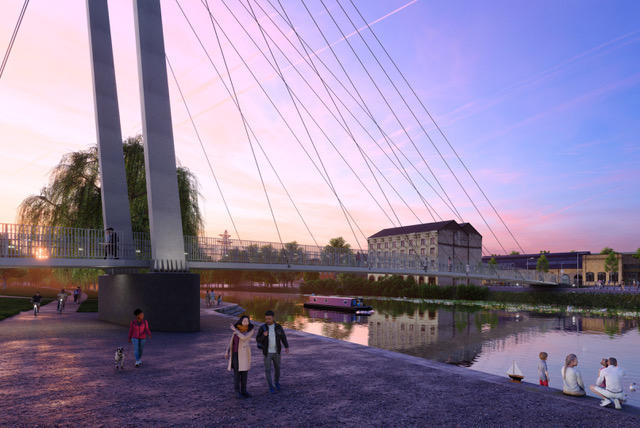 The concept design for Cygnet Bridge, Peterborough illustrating the pedestrian and cycle-friendly structure with landscaped areas along the riverfront.