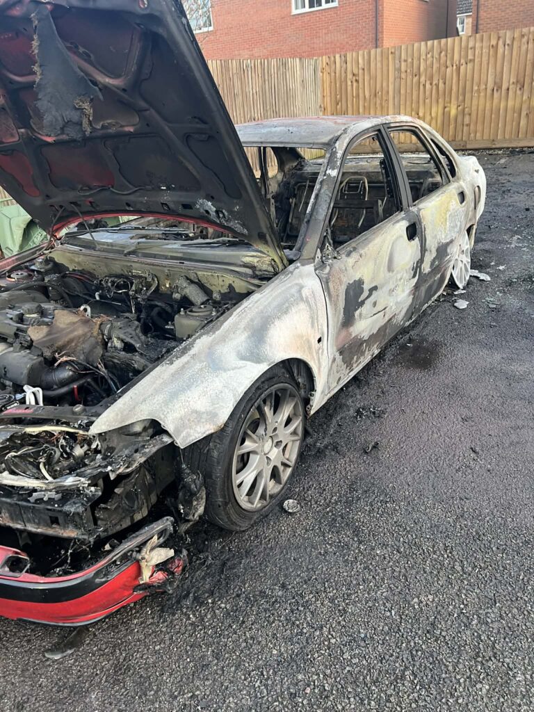 Damage to Charlotte Bessey’s home and vehicles on John Bends Way, Parson Drove, after a fire started from hot ashes in a wheelie bin