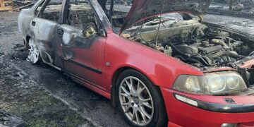 Damage to Charlotte Bessey’s home and vehicles on John Bends Way, Parson Drove, after a fire started from hot ashes in a wheelie bin
