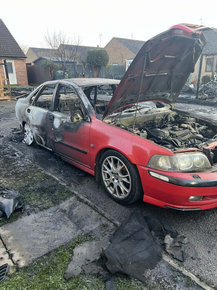 Damage to Charlotte Bessey’s home and vehicles on John Bends Way, Parson Drove, after a fire started from hot ashes in a wheelie bin