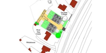 Outline of proposed Gaultree Farm site layout showing four houses with constrained internal room configurations and limited garden space.