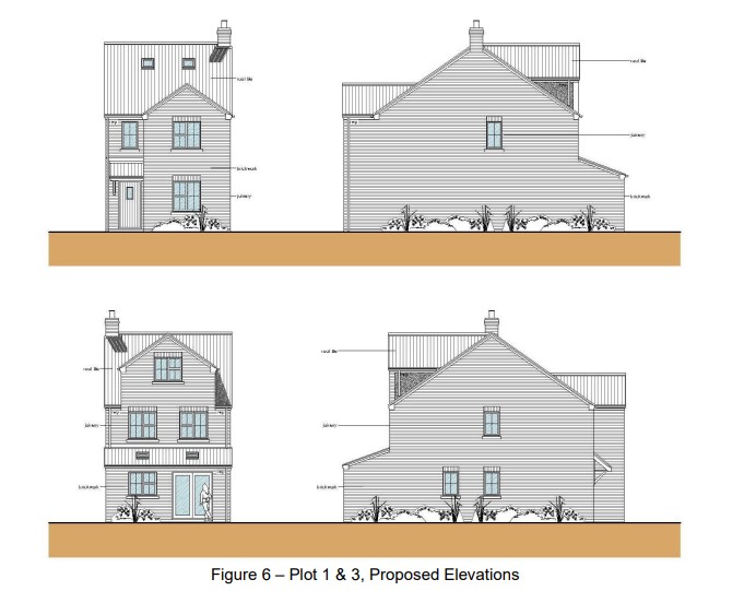 Outline of proposed Gaultree Farm site layout showing four houses with constrained internal room configurations and limited garden space.