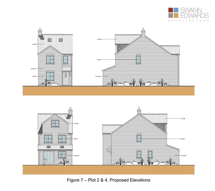 Outline of proposed Gaultree Farm site layout showing four houses with constrained internal room configurations and limited garden space.