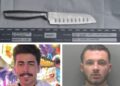 A custody image of Chas Corrigan (bottom right); an image of the knife used and image of Mohammed Yousef Algasim (bottom left)