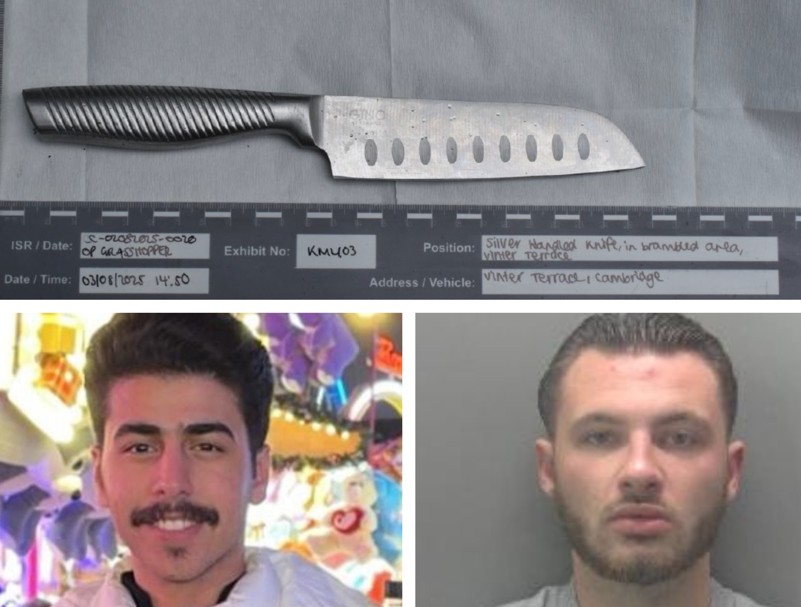 A custody image of Chas Corrigan (bottom right); an image of the knife used and image of Mohammed Yousef Algasim (bottom left)