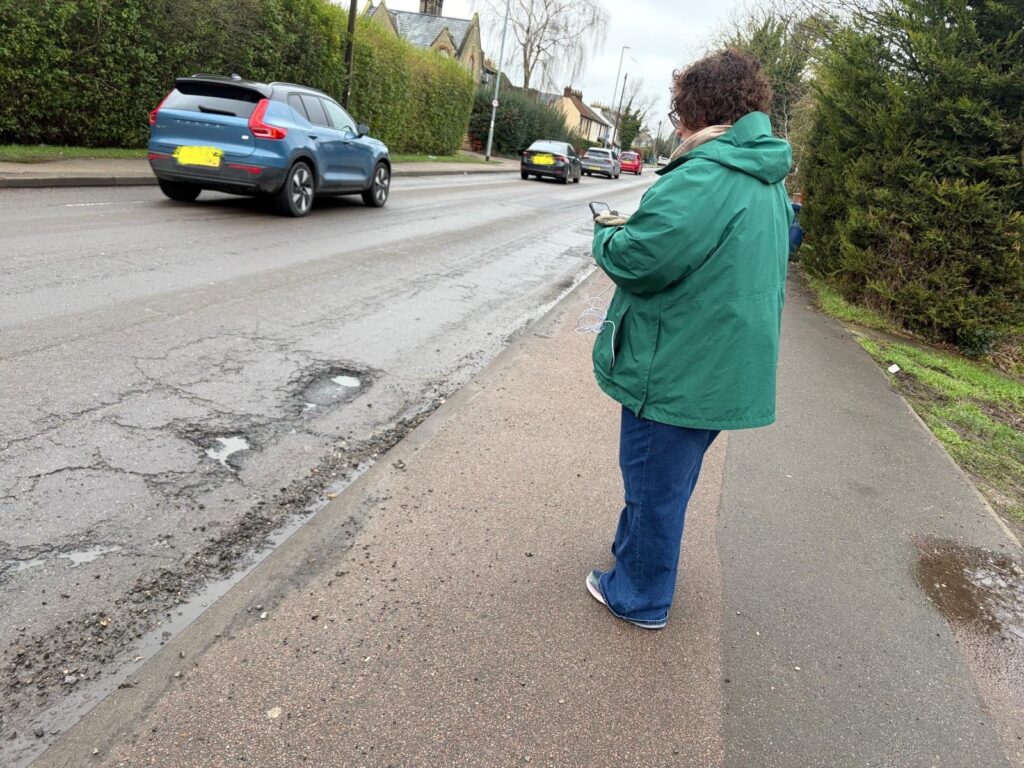 Out on Cherry Hinton Road last month: Cllr Anna Smith inspecting the scale of potholes and pavement damage as part of a 4-hour survey logging 66 issues in just one stretch. “Working with Cllr Bryony Goodliffe, we’re making sure every problem is reported so residents can walk, drive, and wheel safely—and to show just how urgent repairs have become,” she said.