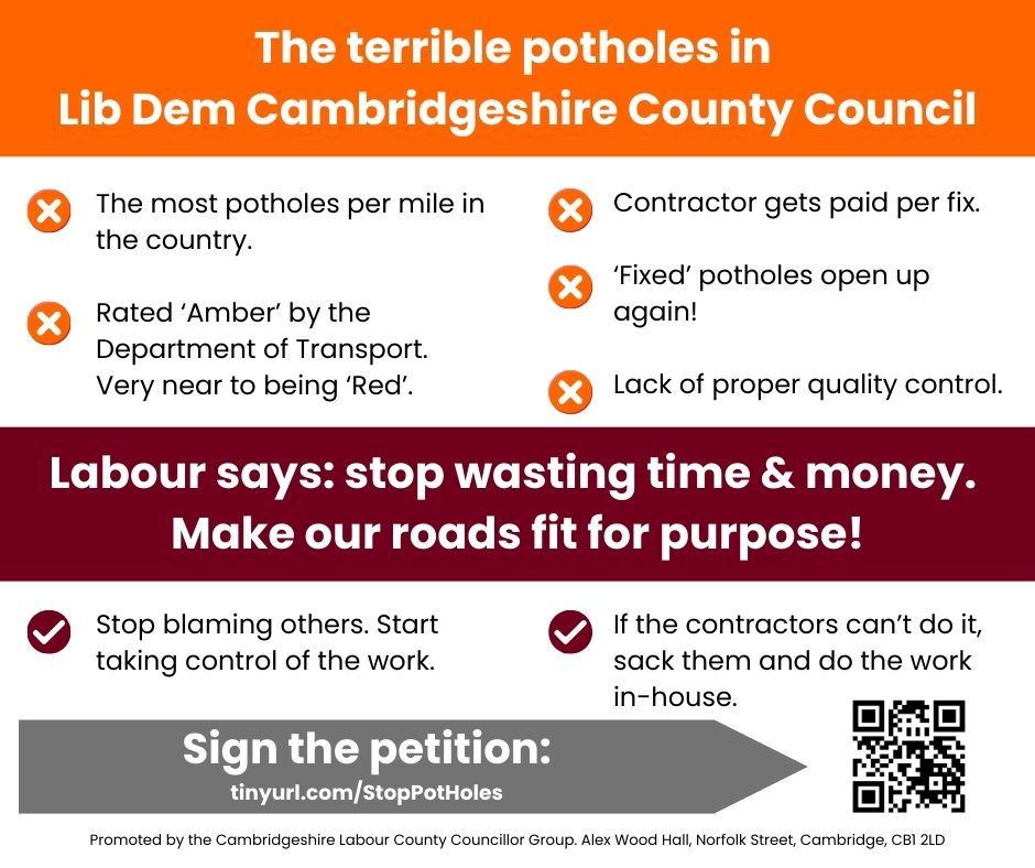 As Cambridgeshire roads crumble and residents report over 2000 potholes every week, local resident and Labour campaigner Tim Andrews launches a petition telling the County Council to get a grip on its maintenance contract.