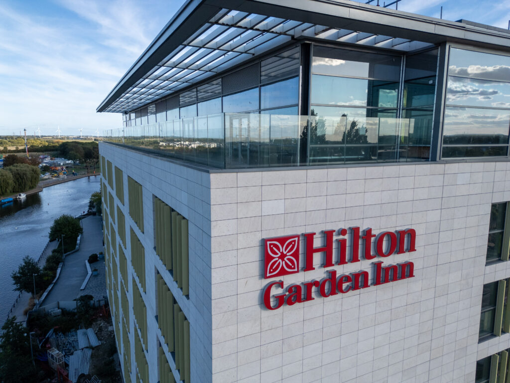 Construction on the Fletton Quays hotel was expected to be completed by 2019. The project remains unfinished and unsold in 2026. Image credit: Terry Harris