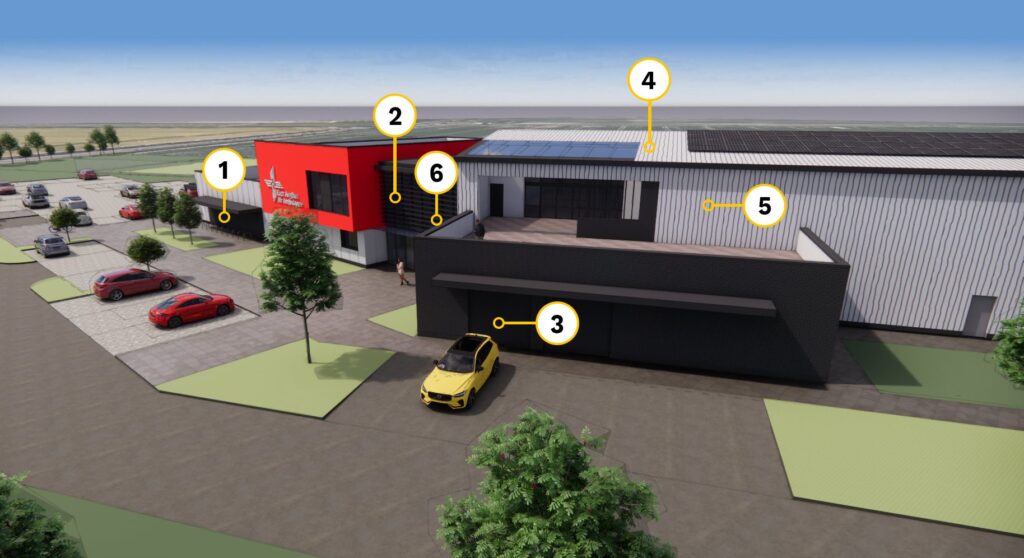 Key to explaining a proposed design layout: 1: Community Hub 2: Space for aftercare support 3: Garage for two critical carer cars 4: Hangar for two helicopters 5: Crew facilities 6: Training facilities CREDIT: Fabric First Architects