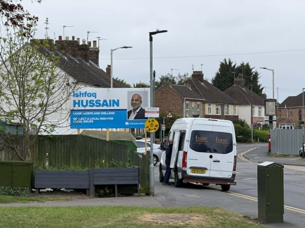 Election posters across Peterborough still show Ishfaq Hussain as the Conservative candidate for Dogsthorpe, despite the party withdrawing support ahead of the May 7 local elections IMAGE: CambsNews