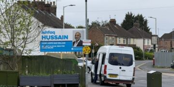 Election posters across Peterborough still show Ishfaq Hussain as the Conservative candidate for Dogsthorpe, despite the party withdrawing support ahead of the May 7 local elections IMAGE: CambsNews