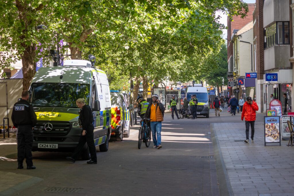 • Police vans equipped with live facial recognition technology stationed in Peterborough city centre. Photo: Terry Harris/CambsNews
