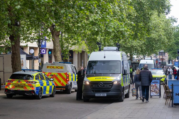 • Police vans equipped with live facial recognition technology stationed in Peterborough city centre. Photo: Terry Harris/CambsNews