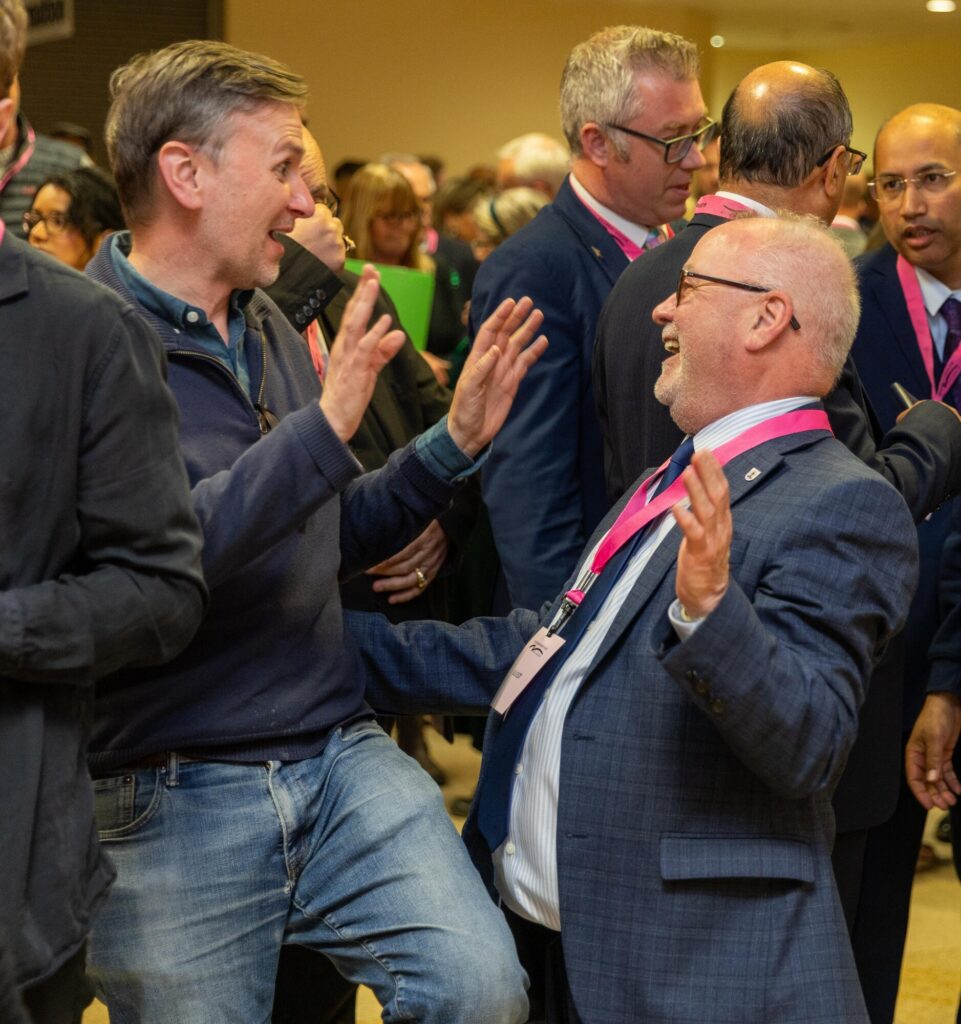 A slightly surreal moment from the Peterborough City Council election count as Labour MP Andrew Pakes &lsquo;engages&rsquo; in a touch of ribaldry with Conservative party leader Cllr Wayne Fitzgerald. PHOTO: Terry Harris