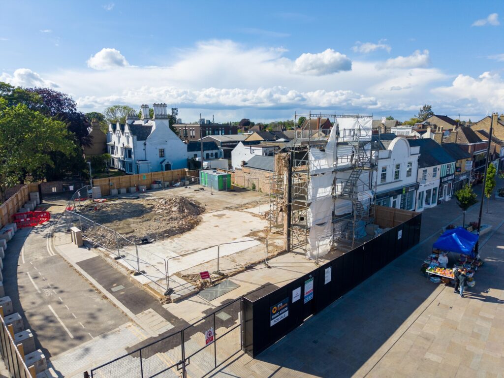 Contractors continue painstaking work at the former Barclays Bank site in Broad Street, March, as structural complications linked to a hidden adjoining wall continue to delay demolition. Photo: Terry Harris/CambsNews