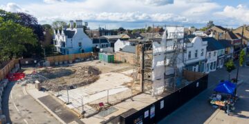Contractors continue painstaking work at the former Barclays Bank site in Broad Street, March, as structural complications linked to a hidden adjoining wall continue to delay demolition. Photo: Terry Harris/CambsNews