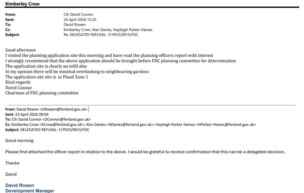 Exchange of correspondence between Cllr David Connor and the development manager of Fenland District Council