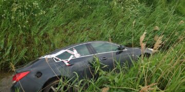 James Smith’s car after it left the road and ended up in a ditch following the incident on the A605 near Guyhirn.