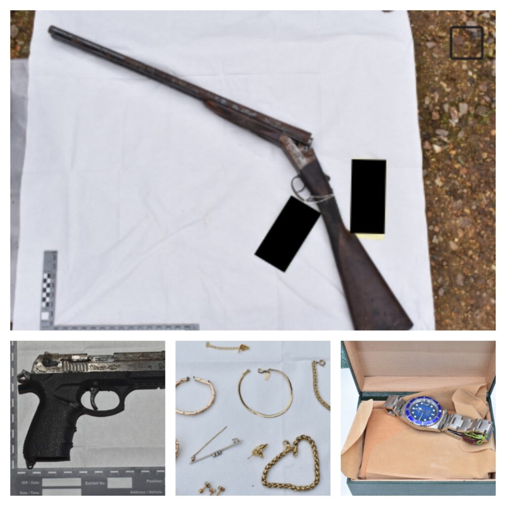 Items seized by Cambridgeshire Police during coordinated raids in Cottenham and surrounding areas, including suspected stolen vehicles, plant equipment, firearms and ammunition.
