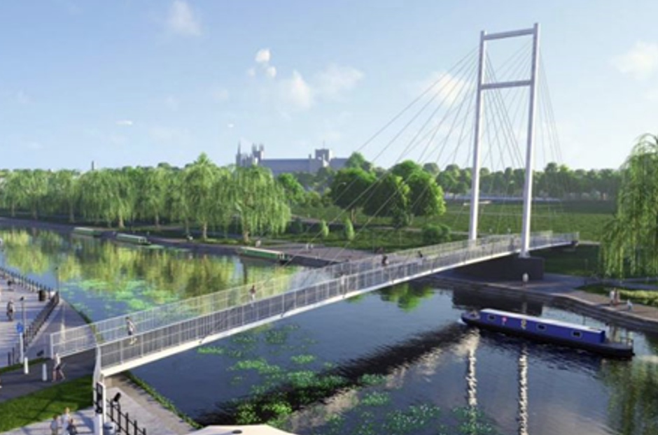• Artist impression showing the new pedestrian and cycle crossing over the River Nene. Image: Peterborough City Council