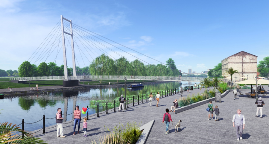• Artist impression showing the new pedestrian and cycle crossing over the River Nene. Image: Peterborough City Council