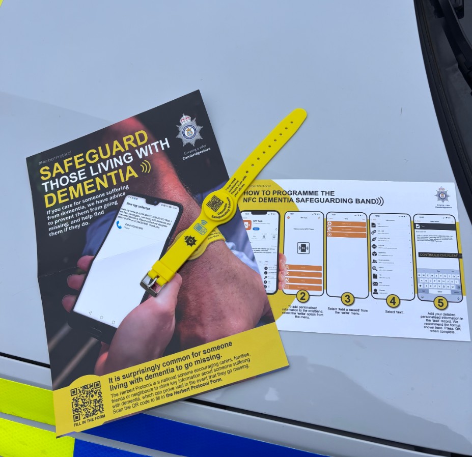 The yellow dementia safeguarding wristbands use NFC technology to help members of the public quickly contact relatives or carers if someone becomes lost or confused