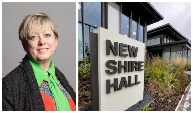 Dame Jackie Doyle-Price pictured alongside Shire Hall as she launches her bid to represent Roman Bank & Peckover on Cambridgeshire County Council. IMAGE: Parliament website and Terry Harris