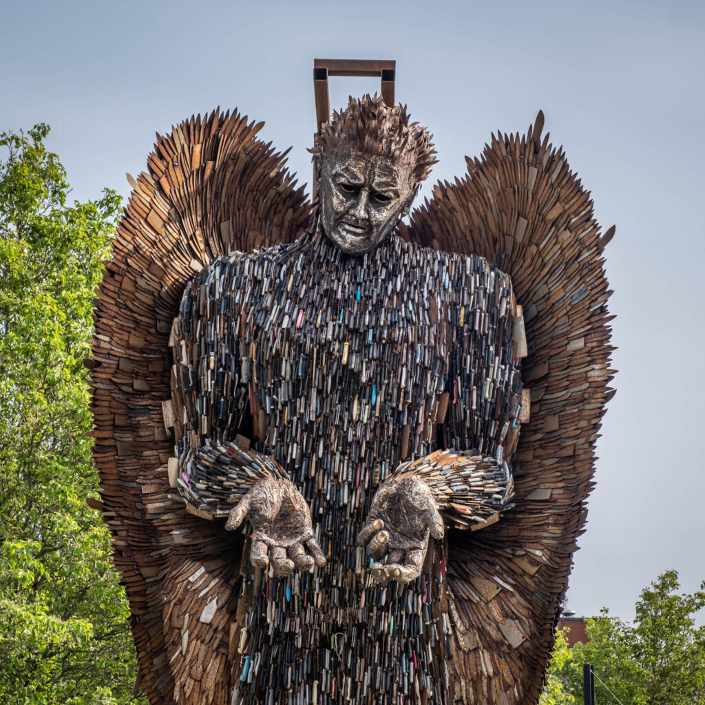 The 27ft Knife Angel sculpture is made from more than 100,000 seized blades collected by police forces across the UK.