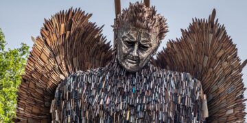 The 27ft Knife Angel sculpture is made from more than 100,000 seized blades collected by police forces across the UK.