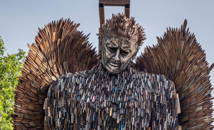The 27ft Knife Angel sculpture is made from more than 100,000 seized blades collected by police forces across the UK.