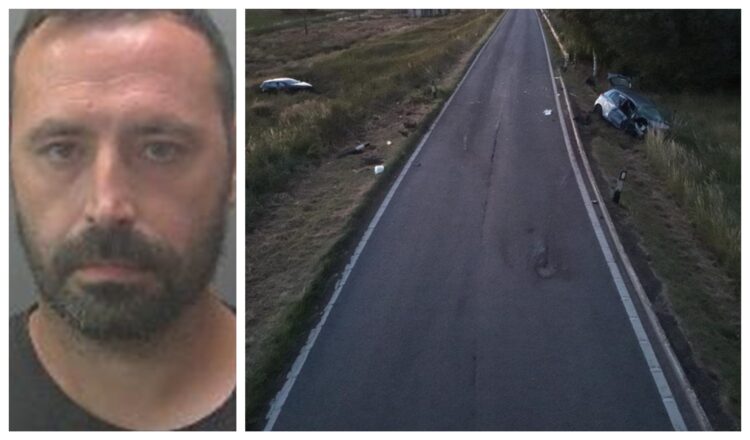 Levi Loveridge (left) fled after crashing into an oncoming Toyota at speeds of up to 91mph, leaving two victims with life-changing injuries. Volvo pictured left, Toyota right