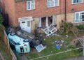 Extensive damage is seen after a blue Ford Mondeo crashed into a house in Paston Ridings, Peterborough, leaving two people seriously injured. Photo: Terry Harris/CambsNew