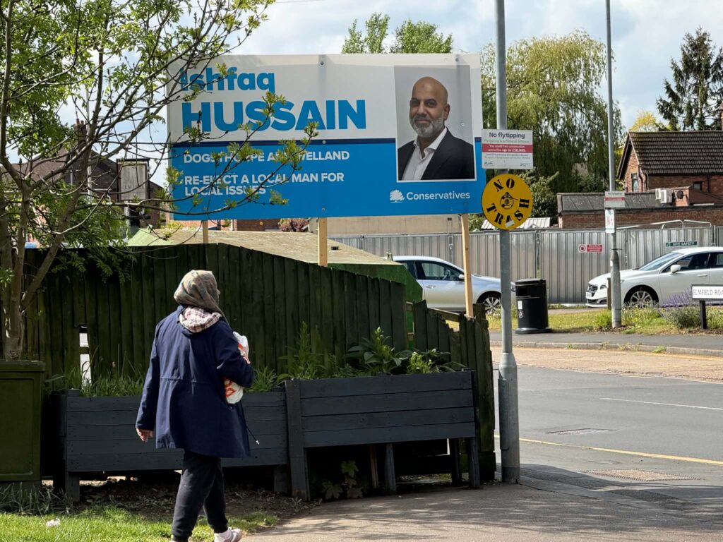 Campaign posters showing suspended candidate Ishfaq Hussain as the Conservative choice remained on display across Peterborough on polling day. Picture: CambsNews