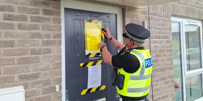 Police officers secure a closure order at 2B Mallard Lane, St Neots, following repeated reports of anti-social behaviour linked to the property. The order was granted by Peterborough Magistrates’ Court on 13 May.